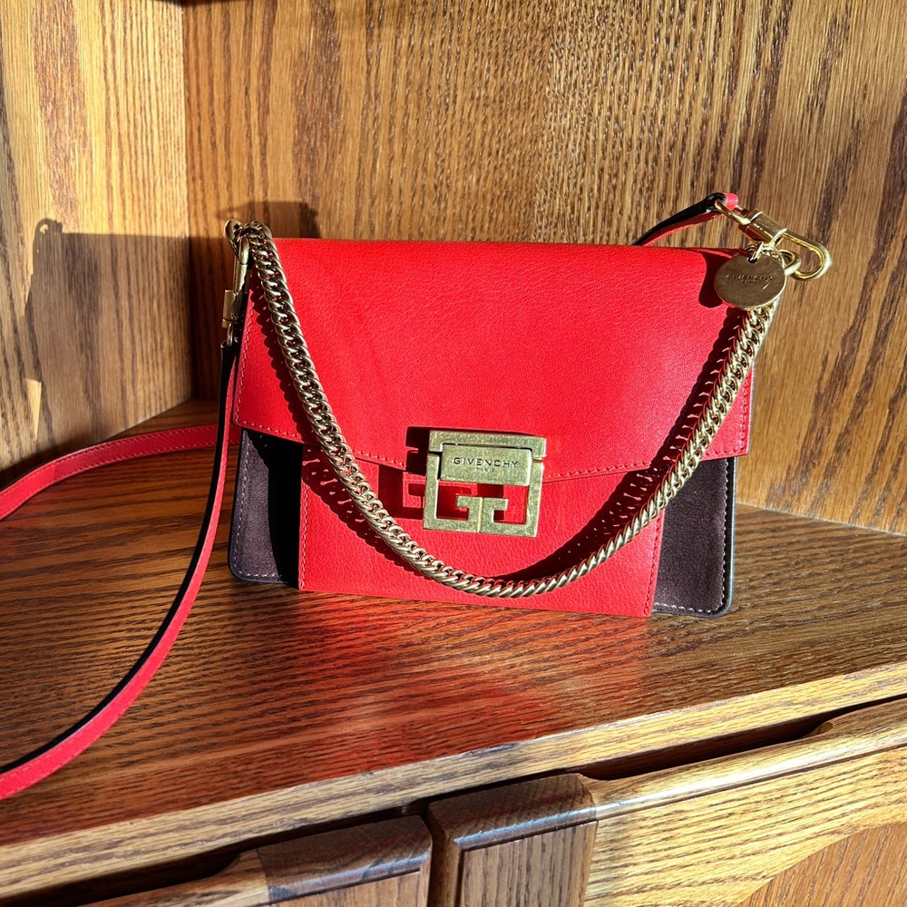 Host Pick Givenchy GV3 Red&Dark Brown Crossbody Bag Gold Chain & Leather Strap